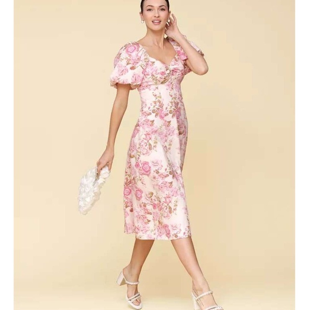 Avec Les Filles Pink Floral Print Puffed Sleeve Twist Bodice Midi Dress Size 12 - Picture 3 of 13